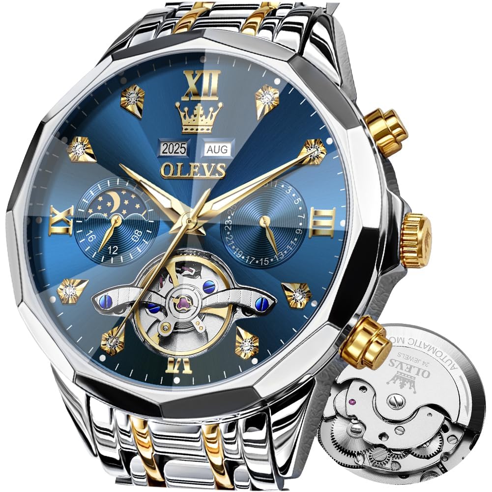 OLEVSAutomatic Watch for Men Luxury Diamond Self Winding Multifunctional Men's Calendar Watch Stainless Steel Waterproof Luminous Male Watches
