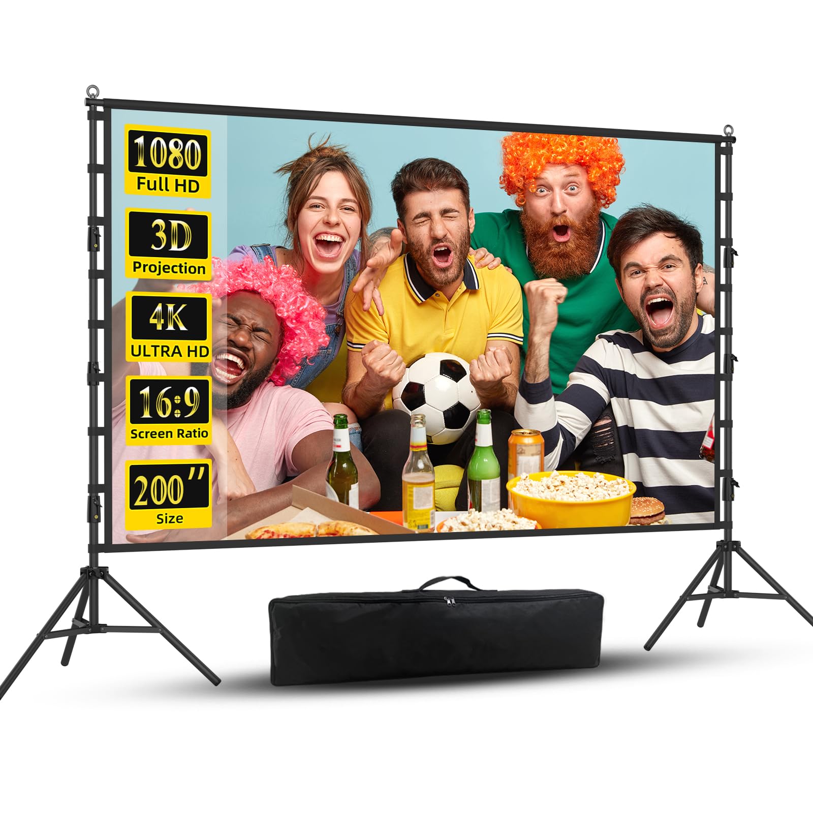 Wootfairy 200 Zoll Beamer Leinwand mit Ständer, Tragbare Projektor Leinwand 16:9 4K HD Outdoor Indoor Projektor Screen mit Tragetasche für Hinterhofkino Präsentation