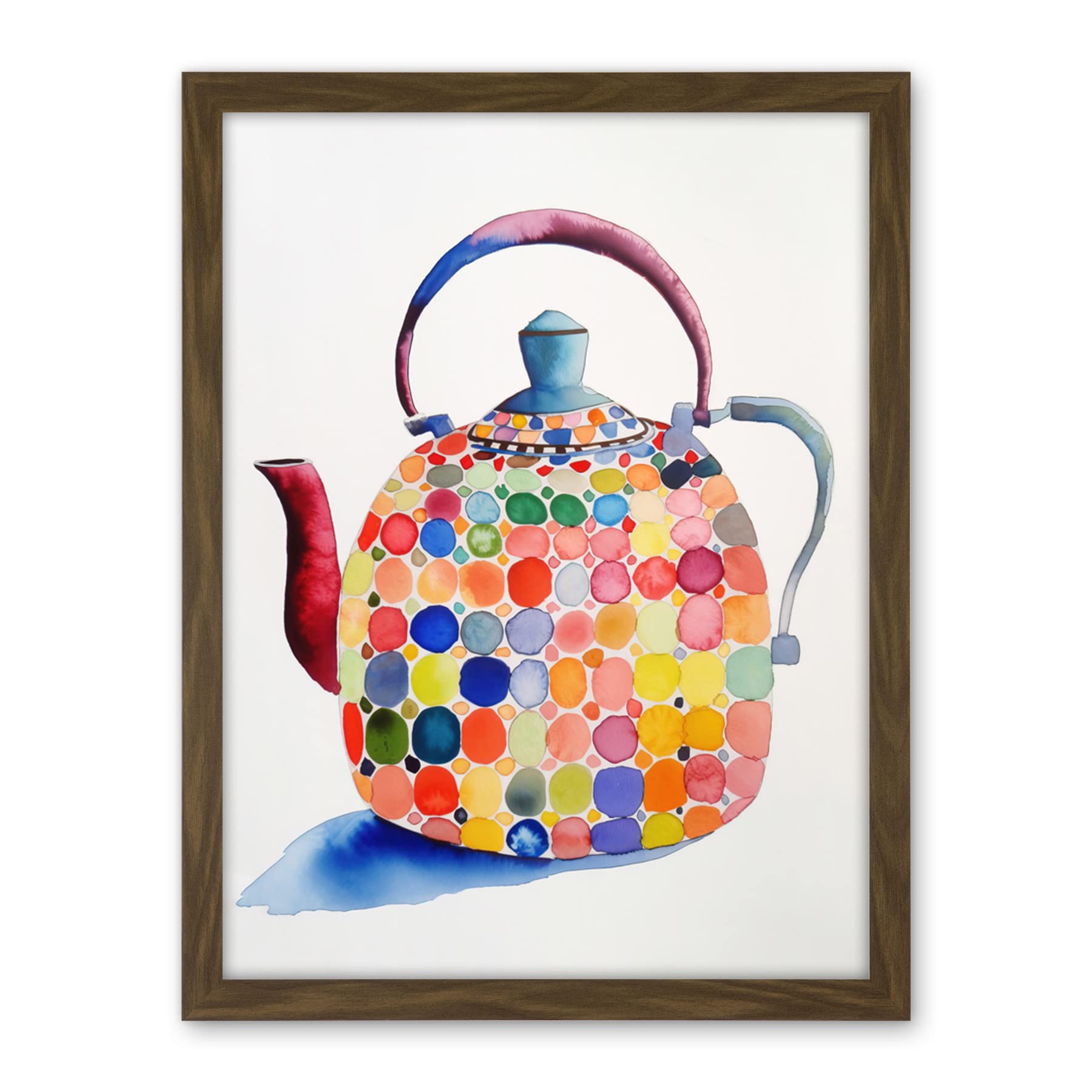 Artery8 Colourful Enamelled Teapot Tea Kettle Folk Art Watercolour Painting Artwork Framed Wall Art Print 18X24 Inch