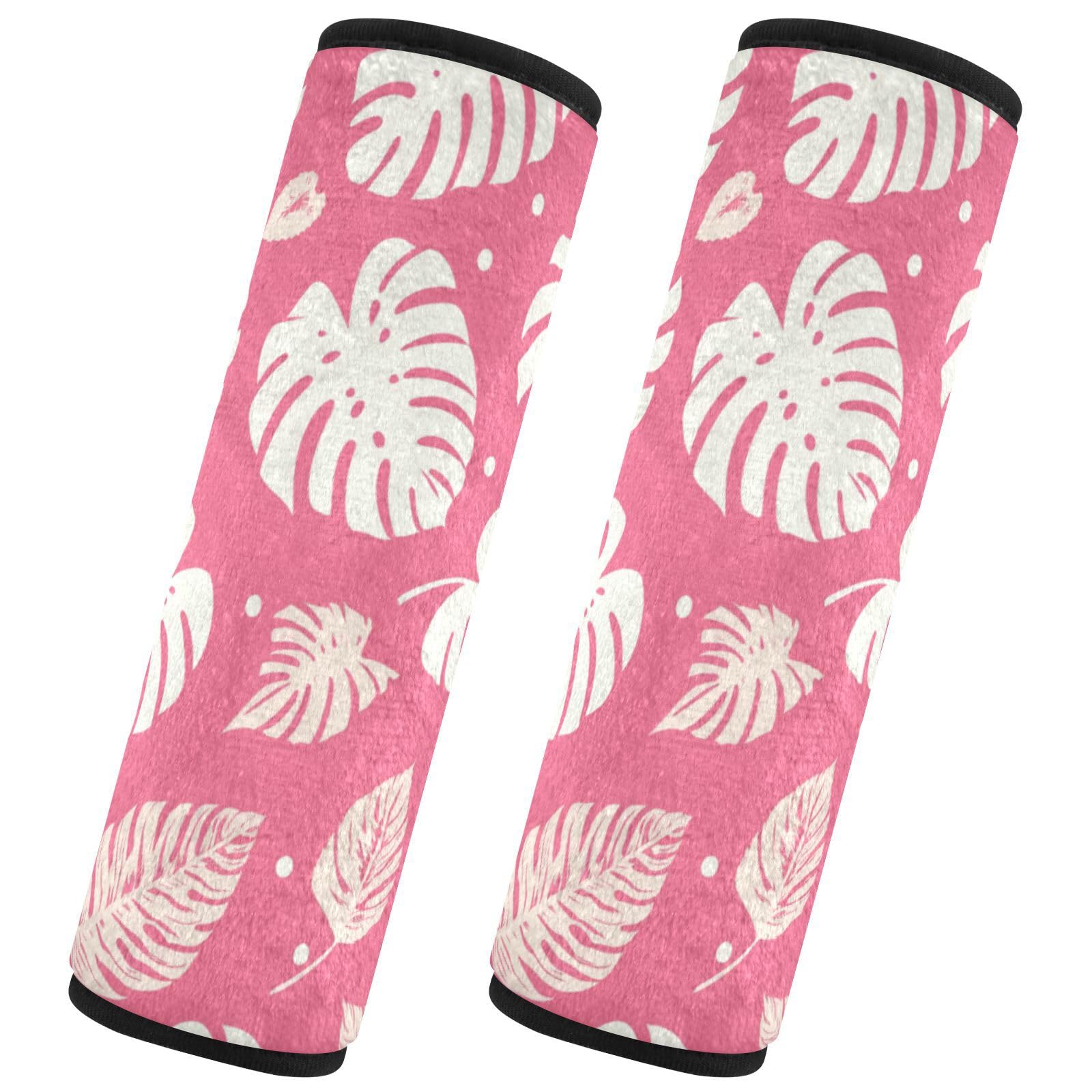 Seat Belt Covers 2 Pack White Monstera Car Seat Strap Covers Super Soft Leaves Pink Car Seat Neck Cover for Boys Girls Adults Babies M