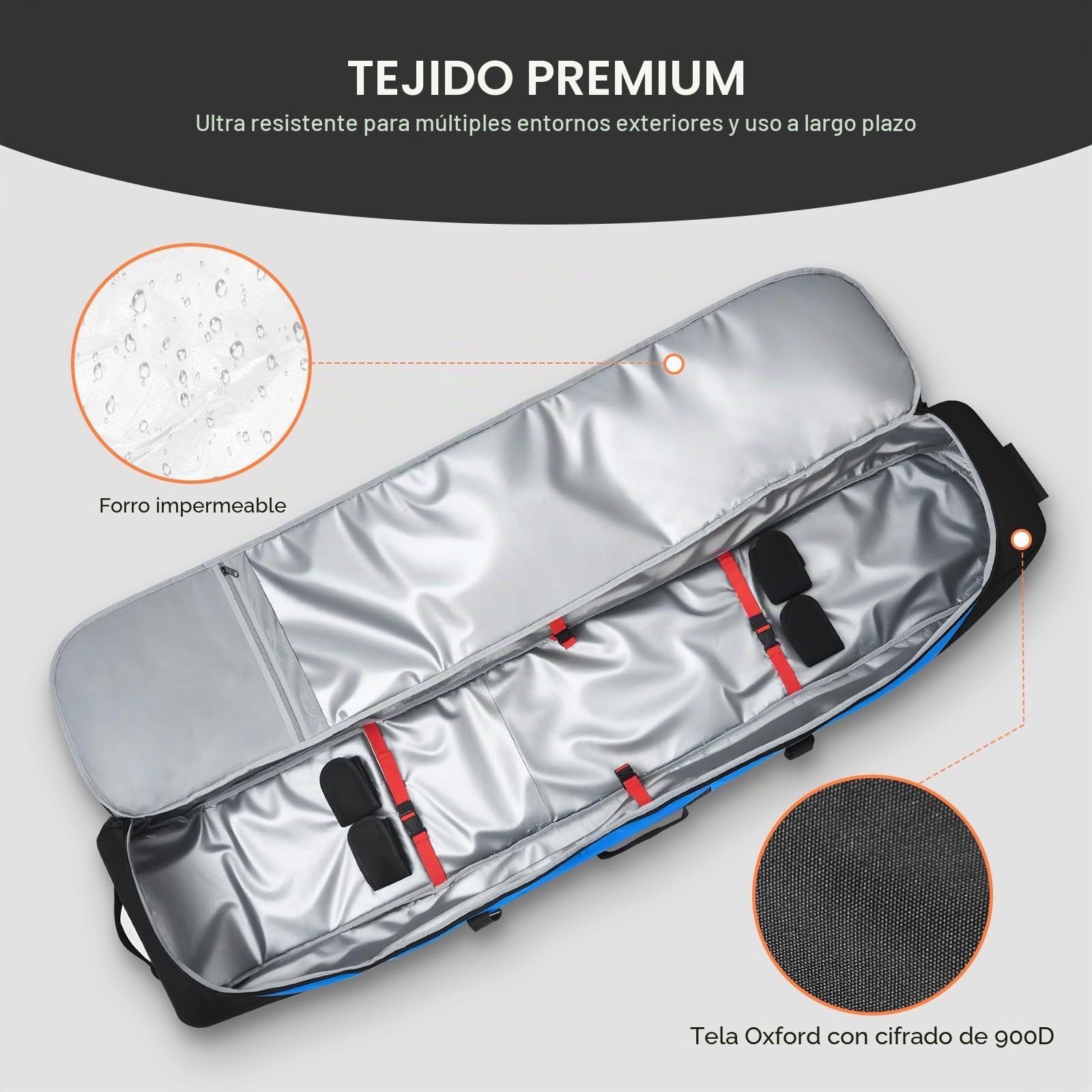 Odoland Bolsa de Esquí con Ruedas Bolsas Acolchadas para Snowboard y Botas de Esquí con Ruedas para Viajes en Avión, Tela Oxford 900D Impermeable, Apta a 2 Pares de Esquís de 170/190 cm