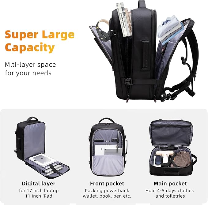 Asenlin Travel Backpack for Women Men, 40L-50L Laptop Backpack Black