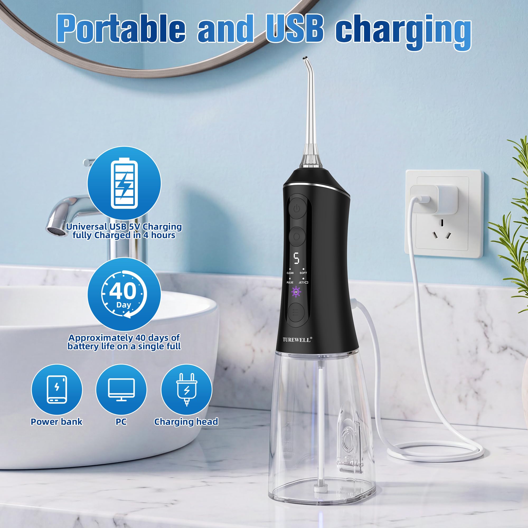 TUREWELL Idropulsore Dentale con Modalità UV, Irrigatore Orale Portatile | Serbatoio UVC 2 in 1, regolazione 5 livelli, impermeabile IPX7, batteria fino a 40 giorni, serbatoio 300 ml