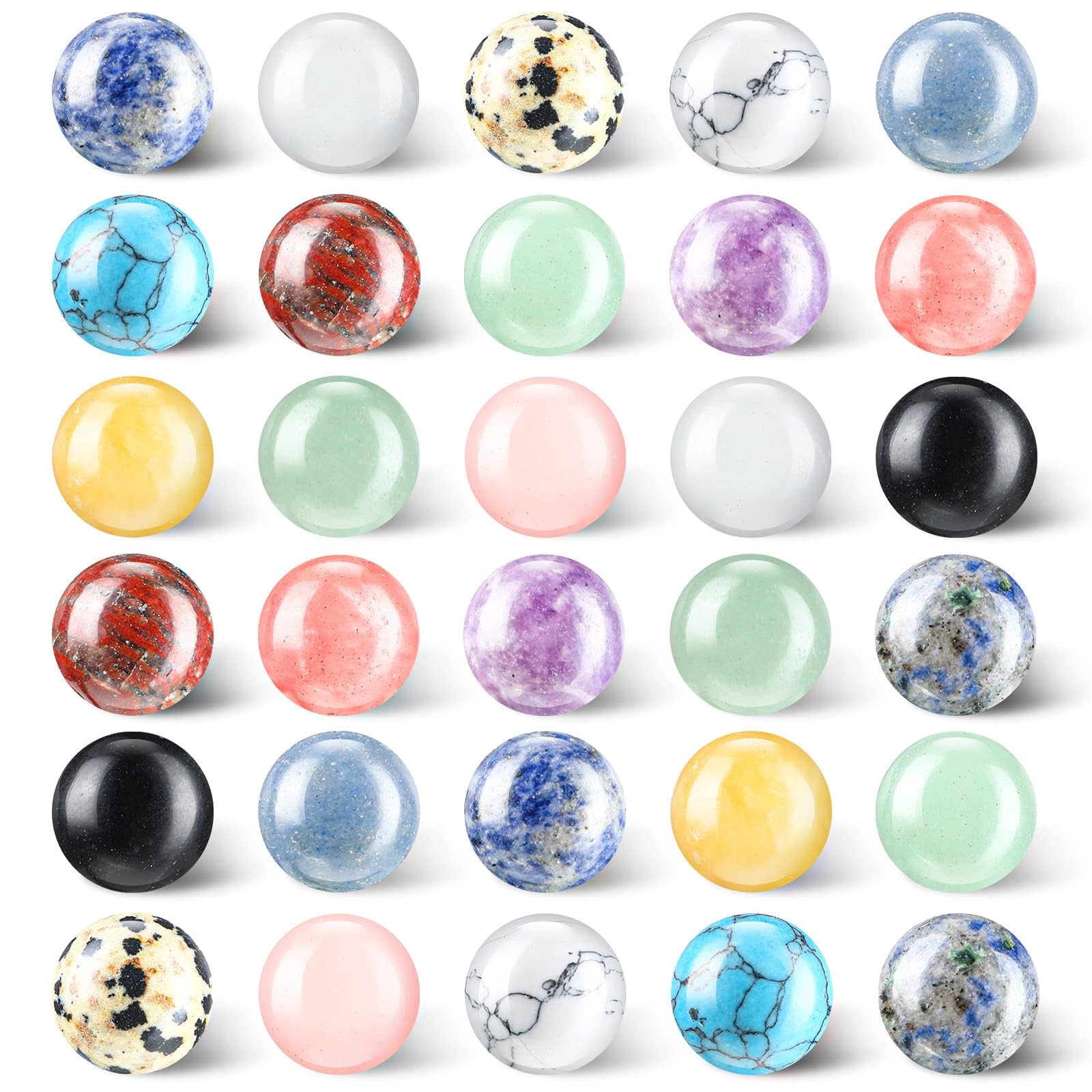 Tazweeq 30Pcs Gemstone Chakra Sphere Balls, Crystal Stones 16 mm Assorted Mini Natural Quartz Sphere Collection Polished Hand Carved Crystal Ball Bead Bulk