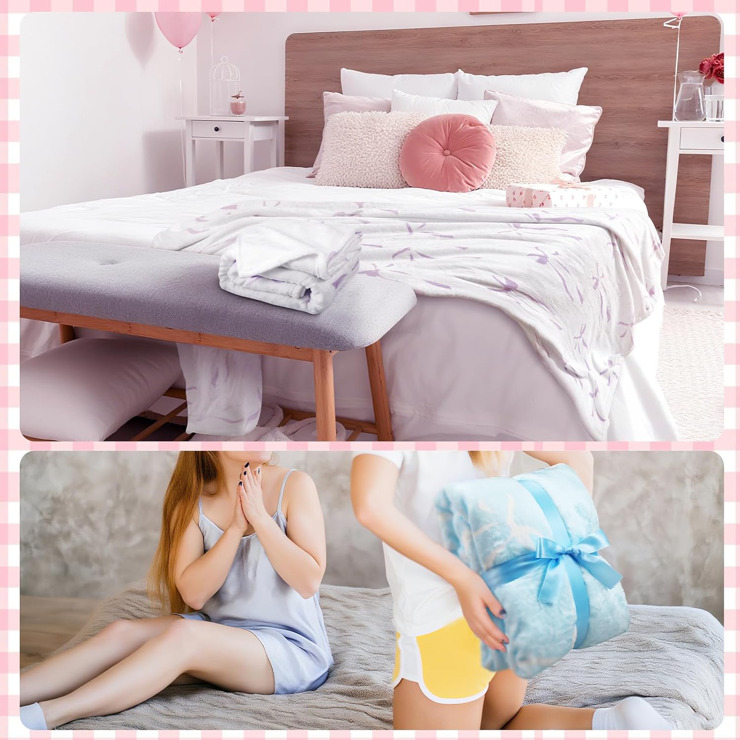 Buryeah 6 Pcs Pink Throw Blanket Preppy Sleepover Blanket 40"x60" Flannel Soft Decor Lightweight Aesthetic Plush Room Decor for Sofa Couch Travel Bed Christmas Decoration(Multicolor,Bow) - Image 6