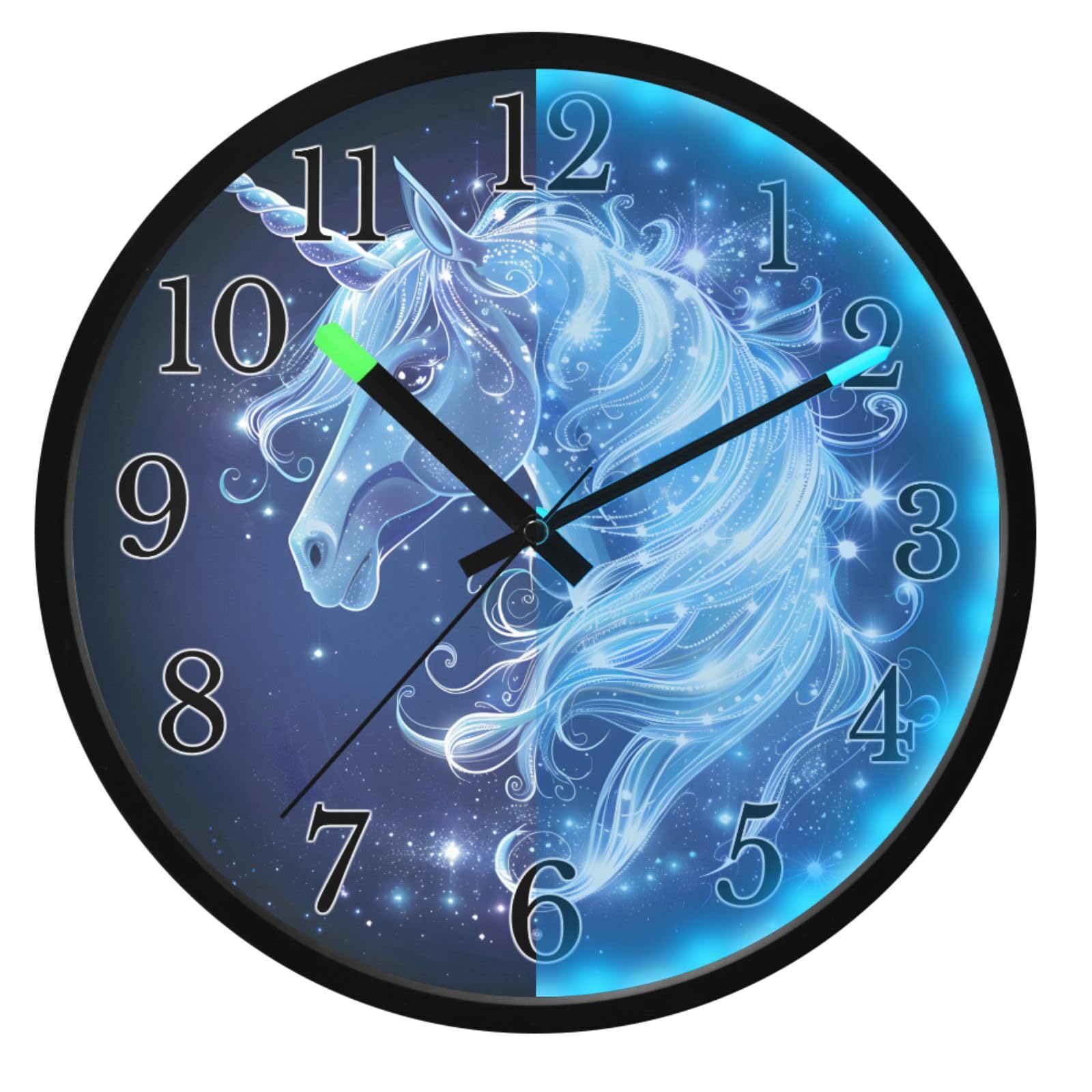 Mnsruu Reloj de pared luminoso con diseño de unicornio y galaxia blanca, funciona con pilas, silencioso, brilla en la oscuridad, para sala de estar, cocina, 12 pulgadas