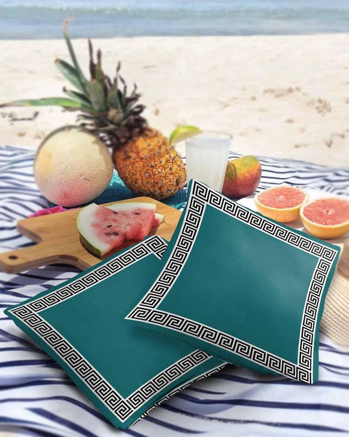 Chucoco Black White Geometric Outdoor Waterproof Throw Pillow Cover Abstract Greek Key Art Decorative Pillows Cushion Covers Teal 2 Pack Pillow Cases for Patio Garden Balcony Couch Sofa 20x20In