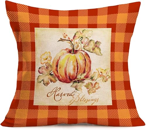 Miniatura 4 de Fukeen Juego de 4 fundas de almohada retro a cuadros de búfalo naranja a cuadros de calabaza, decoración de cosecha de otoño, hojas de arce,