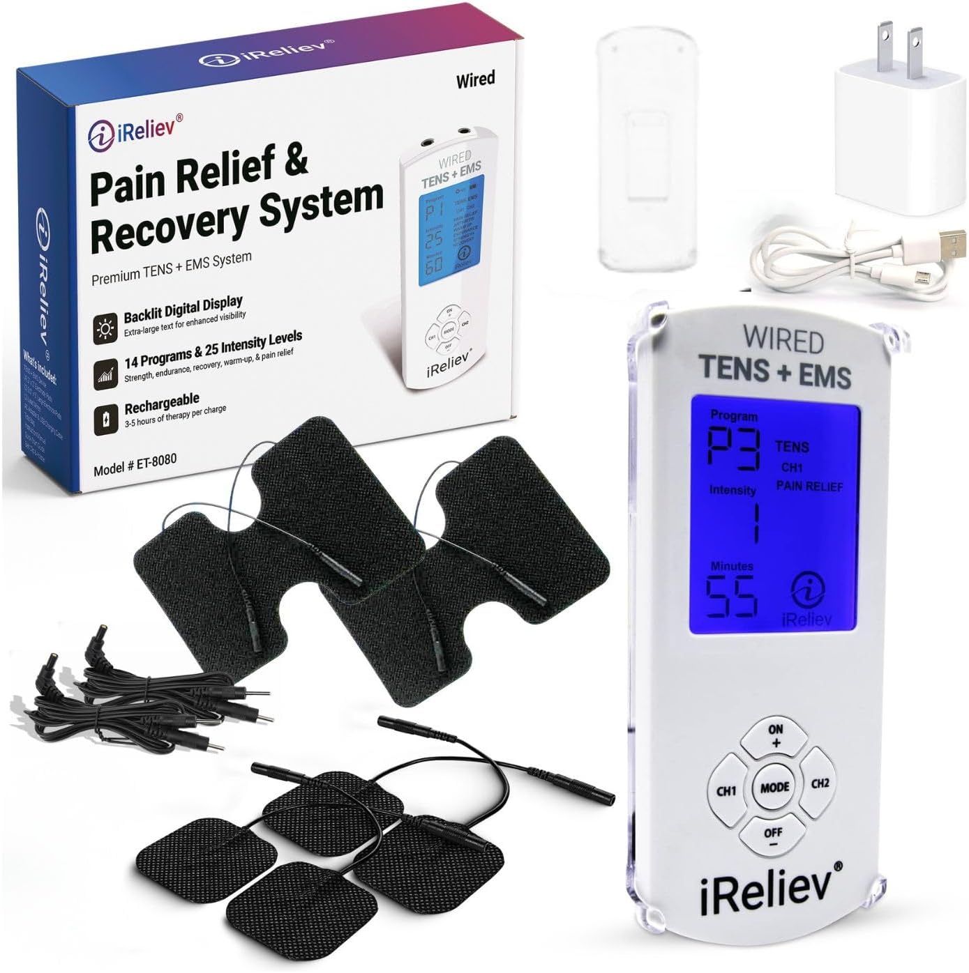 iReliev TENS Unit + EMS Muscle Stimulator with 14 Therapy Modes, Premium Pain Relief and Recovery System, Rechargeable, Large Back Lit Display, Large and Small Electrode Pads