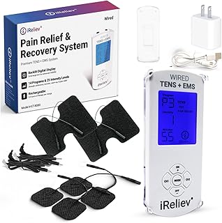 iReliev TENS Unit + EMS Muscle Stimulator with 14 Therapy Modes, Premium Pain Relief and Recovery System, Rechargeable, Large Back Lit Display, Large and Small Electrode Pads