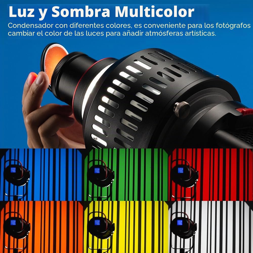 AMBITFUL AL-18 Pro Bowens Mount Spotlight Optical Snoot - Kit de fotografía | Compatible con luces LED LE200, LE300 SL60W, SL60II, SL100, 5 filtros de color, 24 Gobos