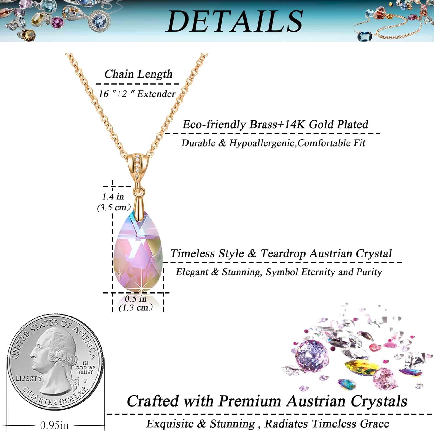Austrian Crystals Teardrop Pendant Necklace for Women 14K Gold Plated Eco-friendly Brass Hypoallergenic Jewelry - Image 3
