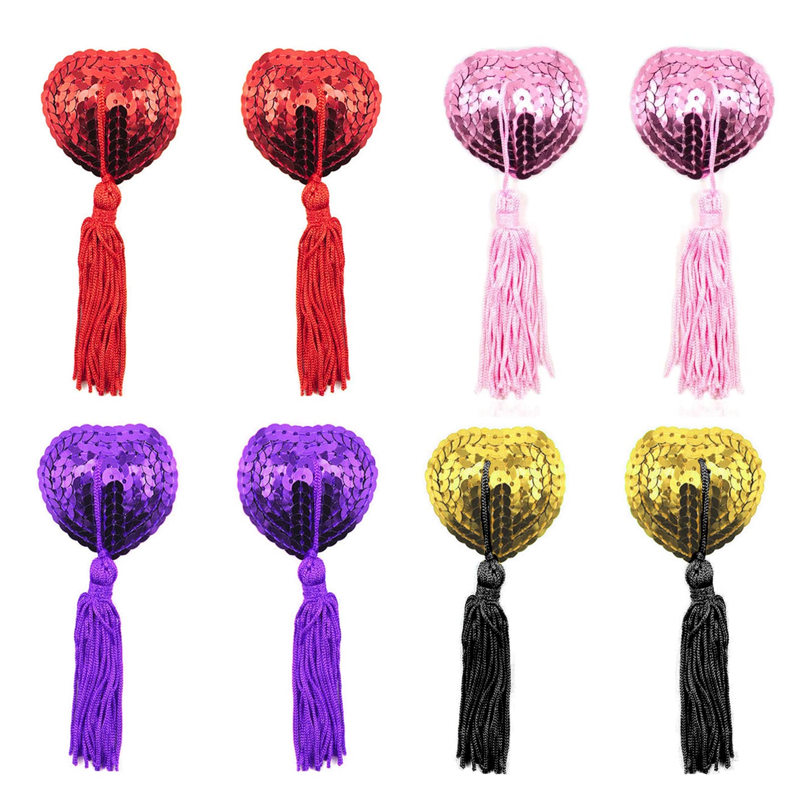 Eqlef Women's Red Pink Purple Yellow Lingerie Breast Petal Pasty, Adhesive Sequin Pasties With Tassels, Multicolor Nipple Covers (4 Pairs) Purple, Red, Pink And Golden(Multicolor)(Size: One Size)
