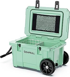 55 Quart Cooler with Wheels, Ice Chests Portable Camping Cooler Holds Ice up to 6 Days, Leak-Proof Outdoor Insulated Cooler with Handle, Cup Holders, Hard Cooler for Camping, Beach, Boat
