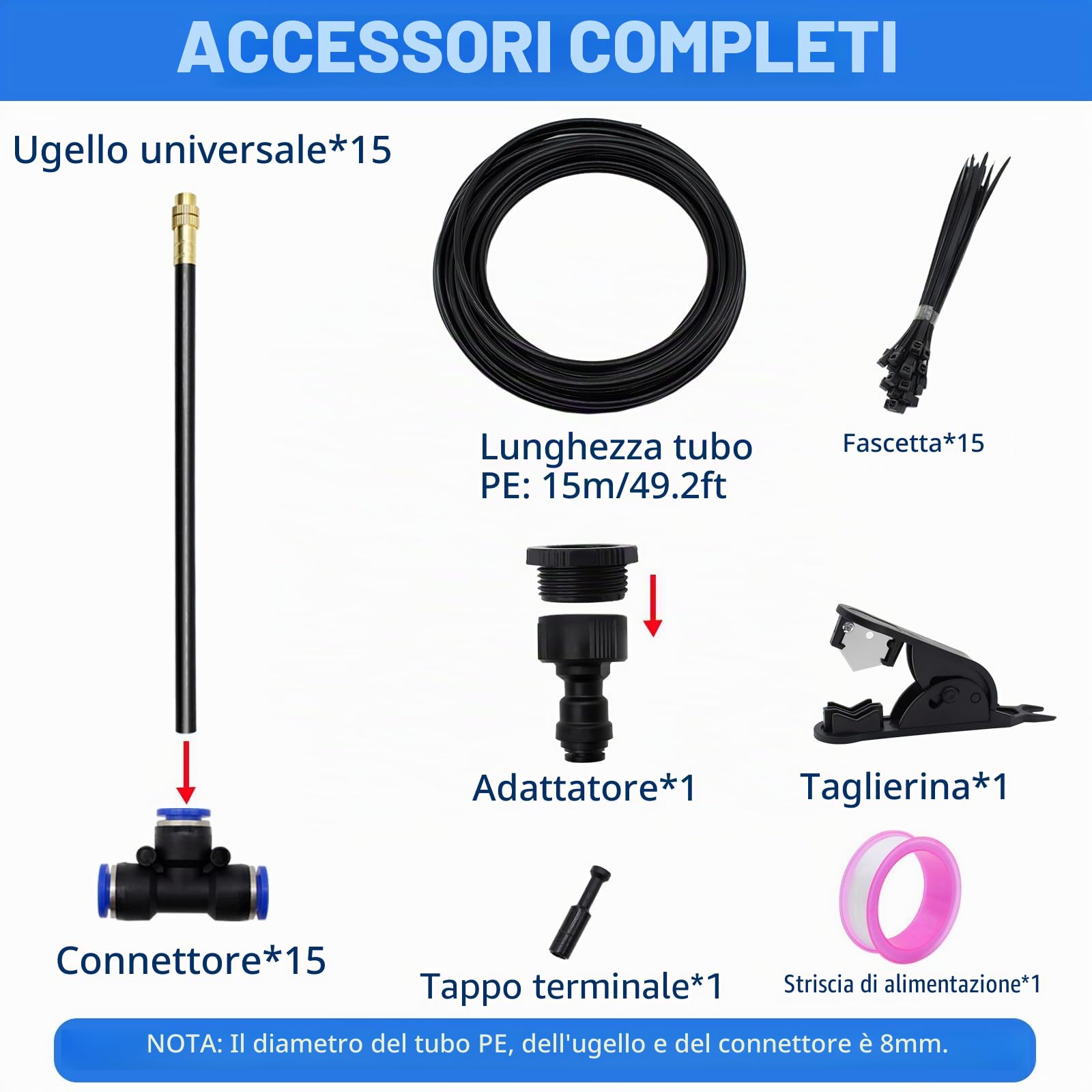 15m Sistema di irrigazione automatico per giardino, sistema di irrigazione flessibile a 360°, kit di irrigazione nebulizzata con 15 ugelli regolabili per giardino, terrazzo, prato e serra