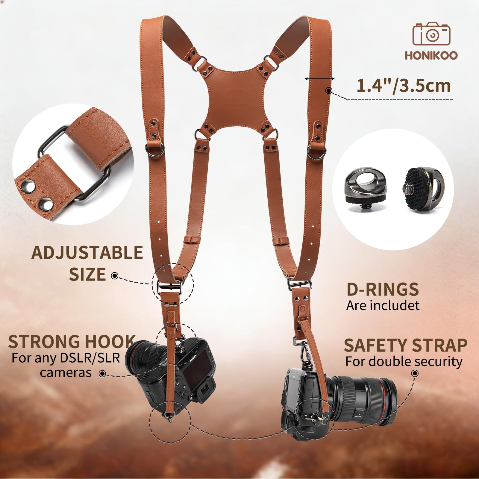 Arnés de cámara dual para 2 cámaras, correa de hombro de piel para cámara DSLR/SLR, correas para fotógrafos