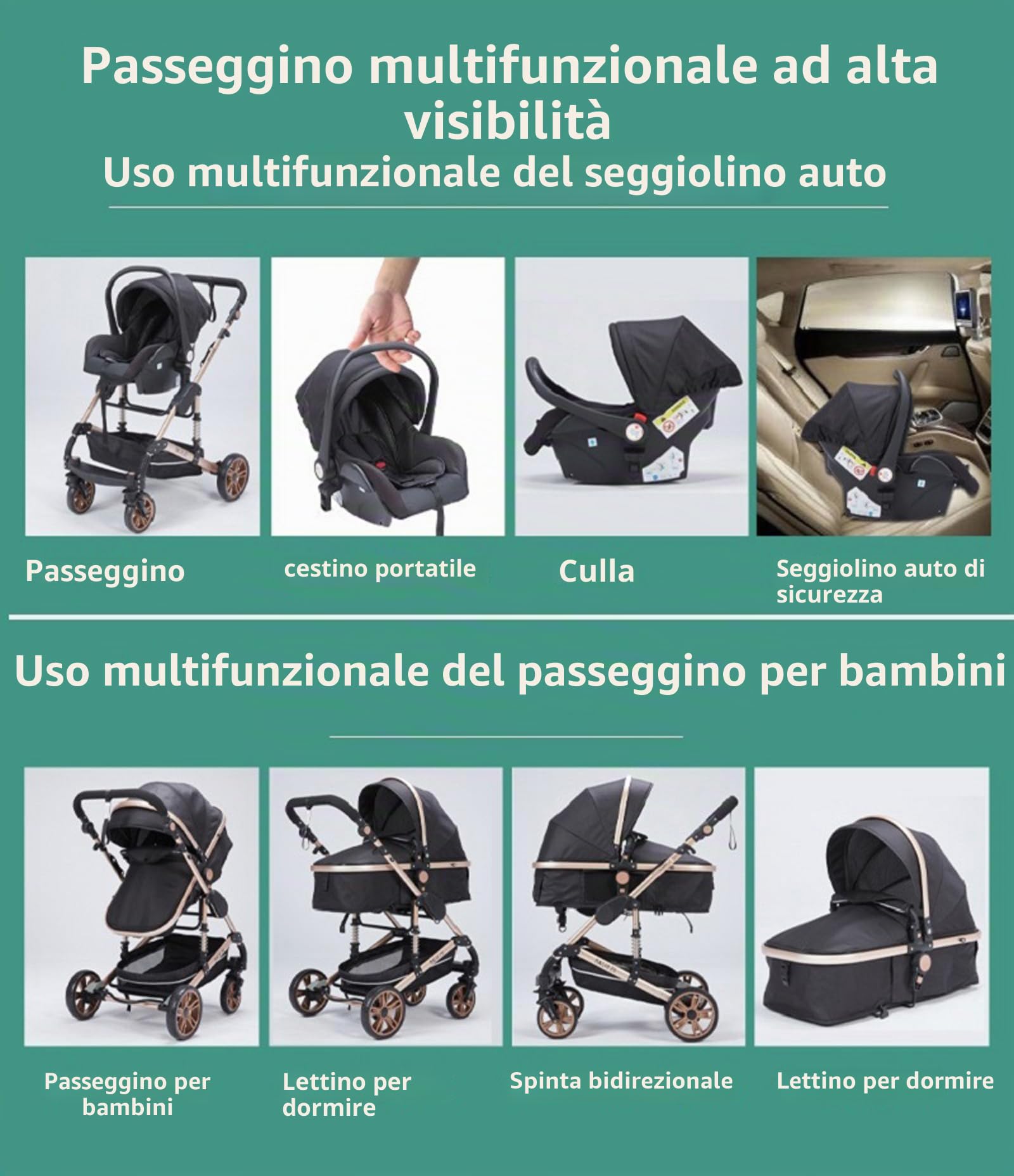 Passeggino Trio, Passeggino 3 in 1 con Design Pieghevole in Un Clic, Trio Neonati con Due Modi Reversibili per Spingere, Lega di Alluminio a Cornice (739 beige)