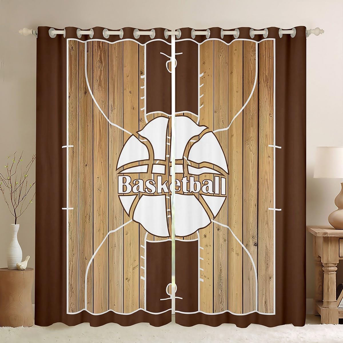 Castle Fairy Basketball Blackout Window Drapes,Boys Cool Sports Games Theme Home Decor Curtains,Retro Ball Court Brown White Durable Blackout Window Drapes for Kids Gifts,2 Panels, 38Wx54L inch