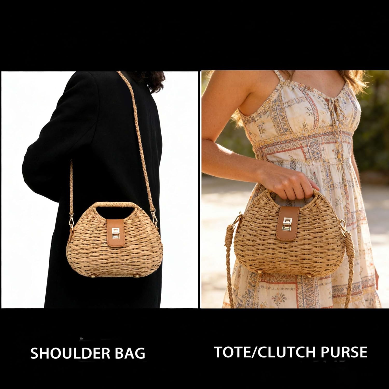 Fozehlad Straw Bag for Women, Woven Beach Tote,Summer Crossbody Shoulder Clutch Purse, Lightweight Handmade Design - Image 3