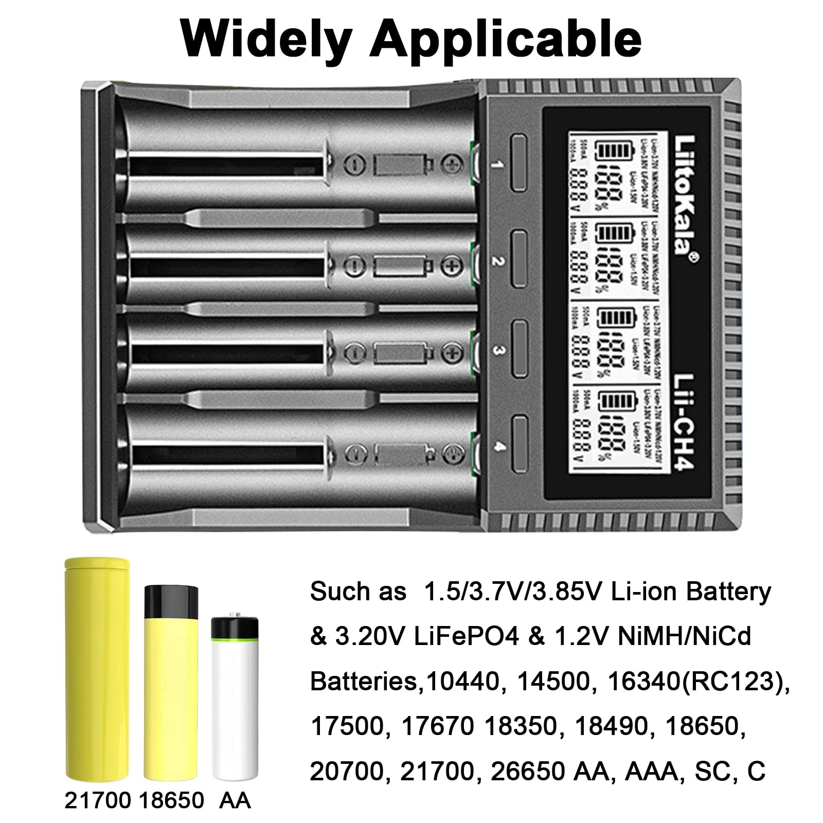 Szybka ładowarka Liitokala LII-CH4 z 4 wnękami do akumulatorów litowo-jonowych 1,5/3,7 V/3,85 V i LiFePO4 3,20 V i NiMH/NiCd 1,2 V, 10440,14500,16340 (RC123), 17500 0,1766 70,AA, AAA, SC, C