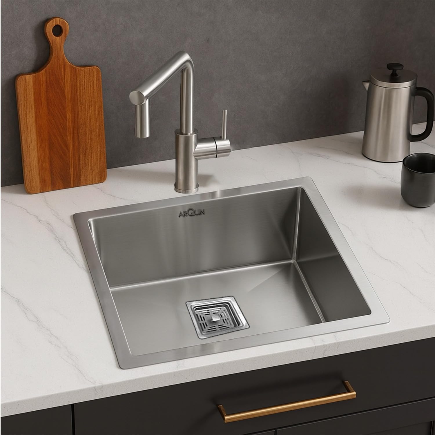 ARQUIN Kitchen Sink 21x18x10 Inch | Handmade Single Bowl Premium Heavy Stainless Steel Sink | Matt Finish Sink for Kitchen Basin | Including Coupling, Waste Pipe, Fruit Basket | Kitchen Basin Sinks