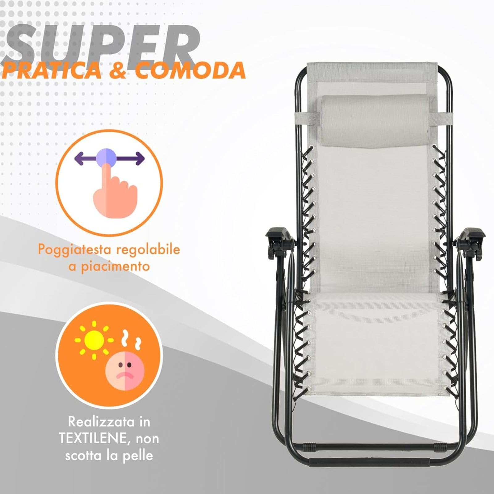 Sedia Pieghevole Reclinabile da Giardino, Struttura in Acciaio, Tessuto Textilene, Stile Moderno, per Esterno, 190x60x38 cm (Grigio)