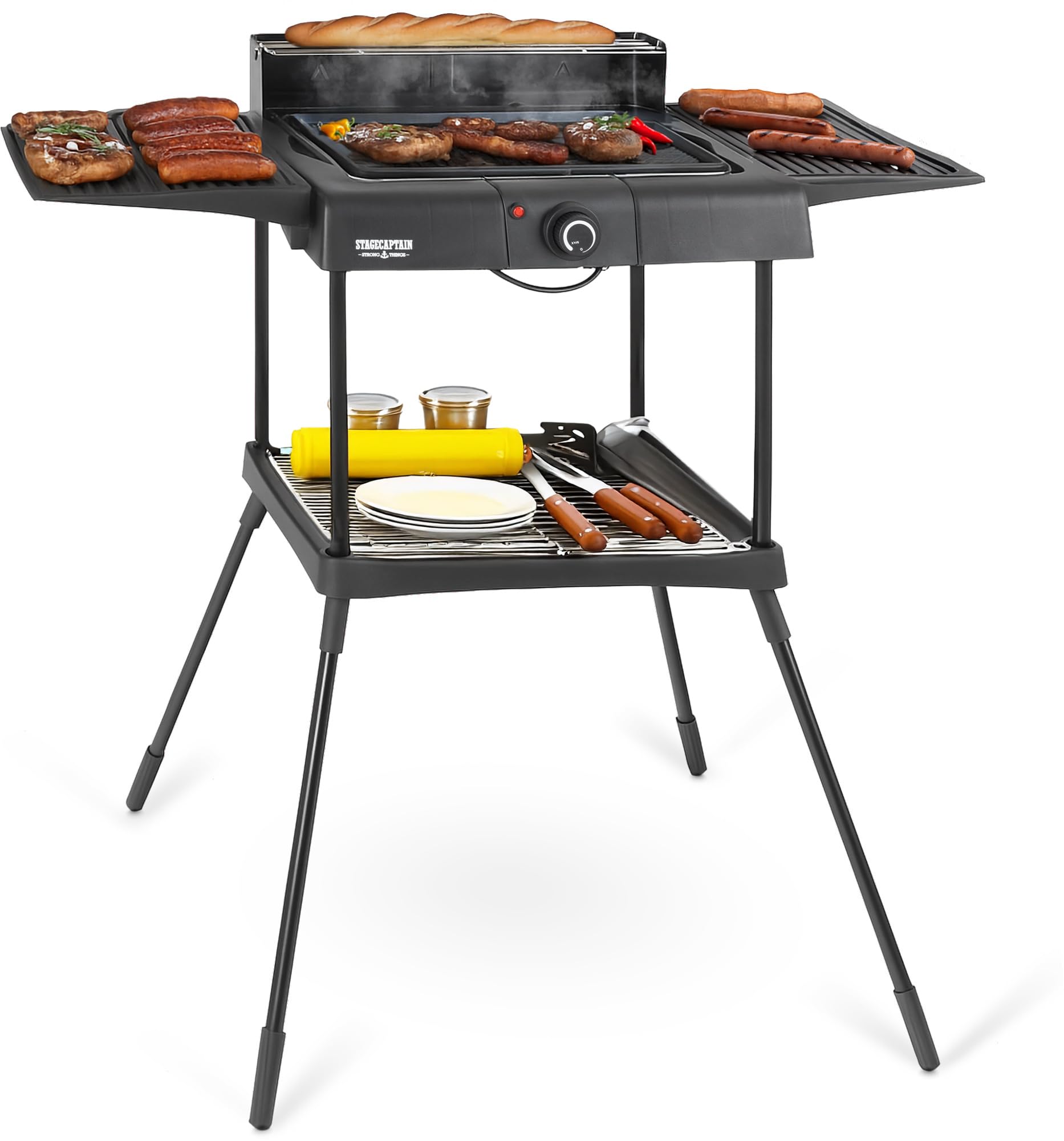 Stagecaptain EBBQ-2000 Grill Électrique 2000W 3en1 - Table/Pied, Grille & Plaque, Intérieur/Extérieur, Antiadhésif, Bac à Graisses, Réglage Continu.