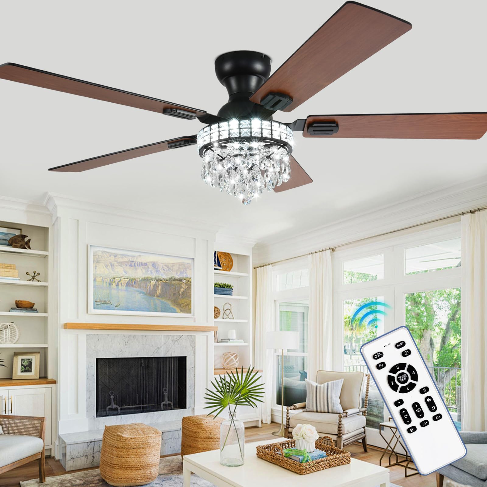 Depuley Crystal Ceiling Fan with Light: 52-Inch Black Ceiling Fan for Living Room Bedroom…