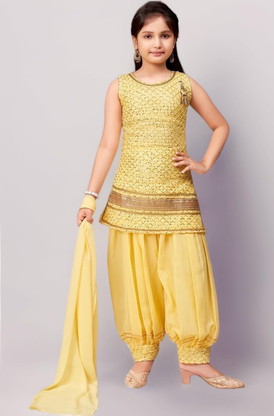 Aarika Girls Ethnic Wear Black Colour Sequin Embroidery/Lace Work Georgette Kurti Patiala Set With Dupatta