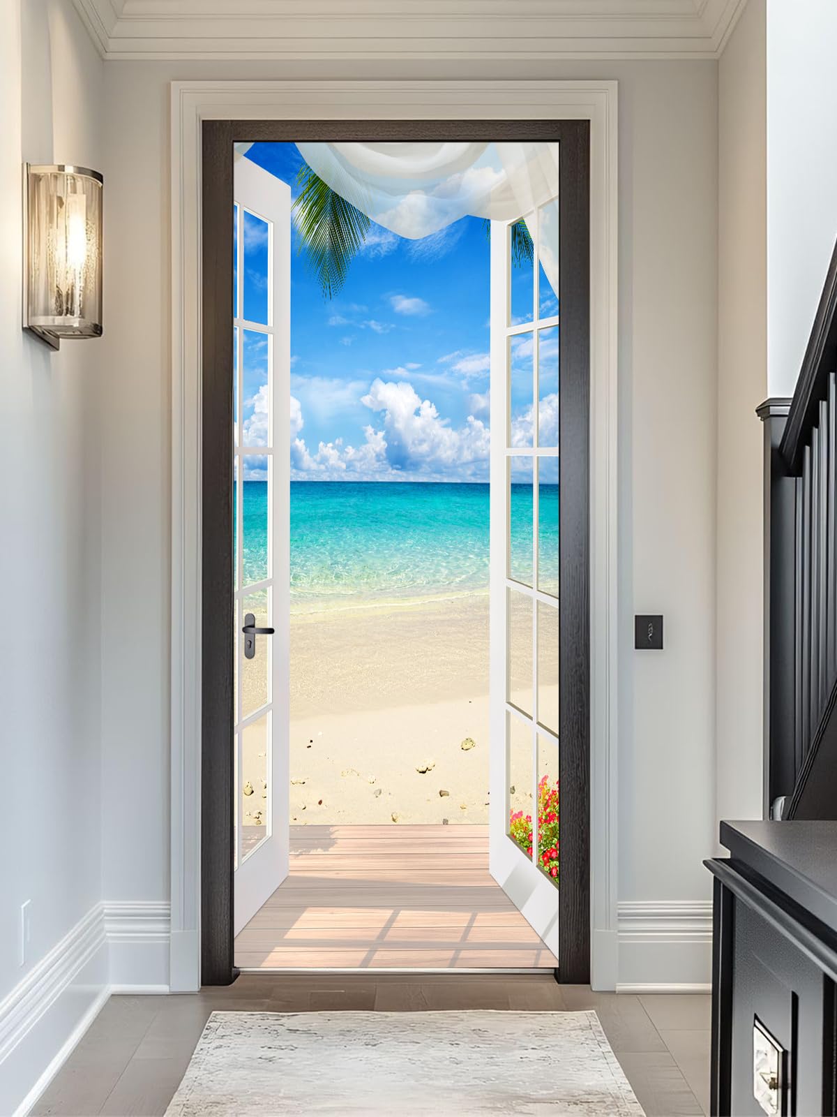 FLFK 3D Balcony Ocean Beach Seascape Door Sticker Peel and Stick 85x215cm- Self-Adhesive Door Murals Wallpaper Decal for Home Bedroom Decor(2Pcs/Set)