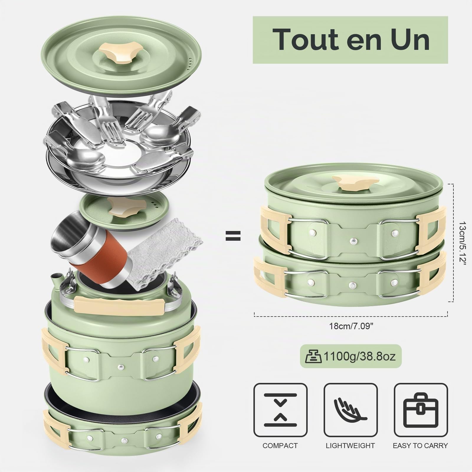 Odoland Camping Batterie de Cuisine pour 2 Personnes, Set de Couverts de Camping, Poêle à Frire Moyenne + Casserole Moyenne, Bouilloire 0,8L, 2 Sets de Couverts en Acier Inoxydable, Vert