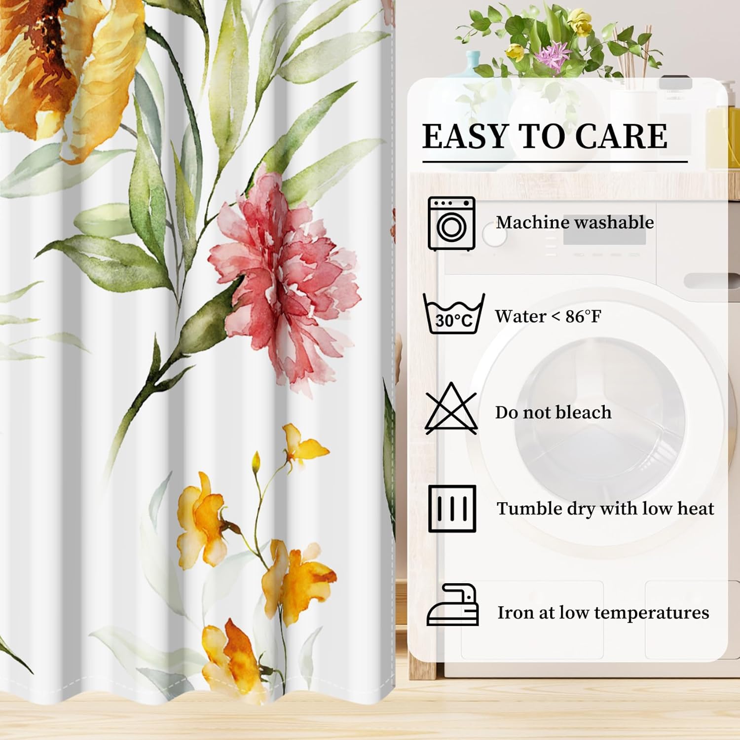 AOFOTO Watercolor Floral Window Curtain Panel, Pink and Yellow Flowers Green Leaves Botanical Blackout Curtains Grommet Top Window Treatments Drapes for Living Room Bedroom 42x84 Inches, 2 Panels