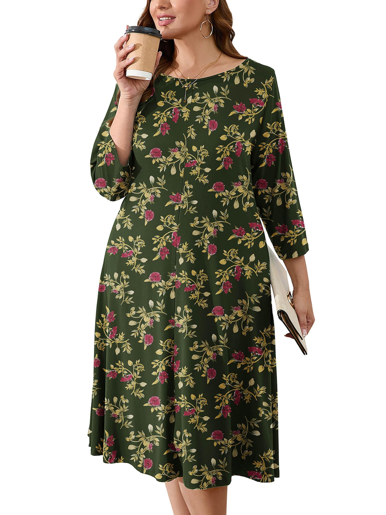 AusLook Women's Plus Midi Dresses Crew Neck A Line 3/4 Sleeves Casual Elegant Loose Wedding Vacation Dress with Pockets
