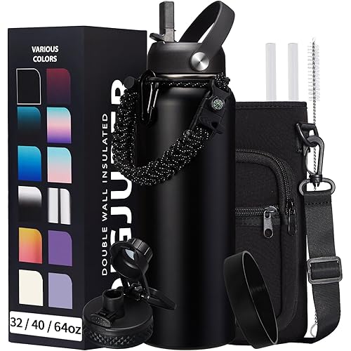 40OZ Insulated Water Bottle with Auto Spout Lids, Straw Lids, Paracord Handle for Sport, Protective Cup Mat, BPA-Free Reusable Insulated Water Bottle - Black Water Jug with Straw