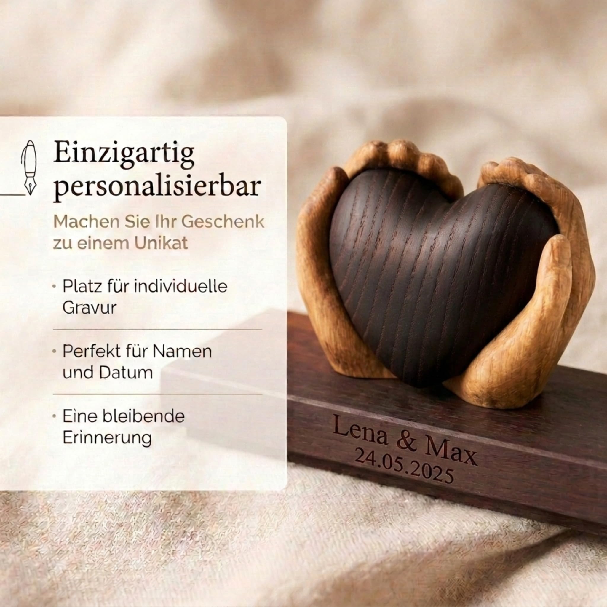 Hochzeitsgeschenk aus Holz - Hochwertiges Geschenk mit Bleibendem Wert | Herz für das Brautpaar oder zum Jahrestag, Hochzeitstag, für Goldene & Hölzerne Hochzeit - Personalisierbar - aus Massivholz