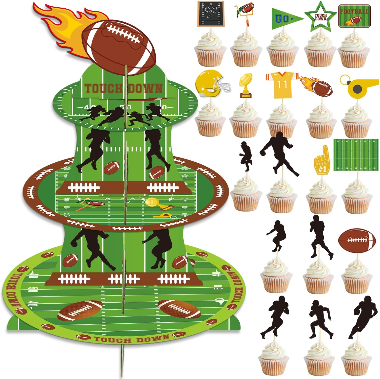 Football Cupcake Stand, 3 Tier Football Party Supplies Cake Stand with 20pcs