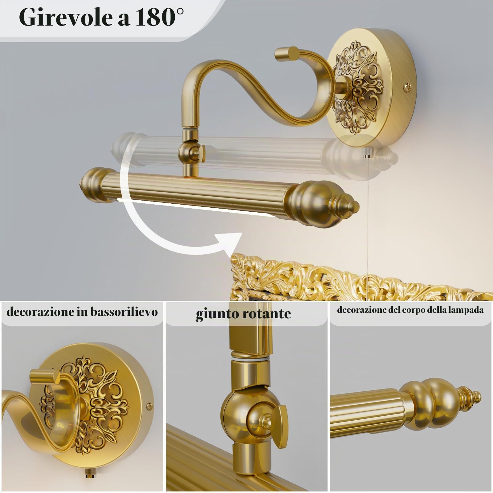 ACMHNC Lampada Specchio Bagno 51 cm, con Interruttore a Catena | 4000K Applique Bagno Oro, IP44, Braccio orientabile 240°, 8W 720lm, luce per Toletta e Quadri, 230V