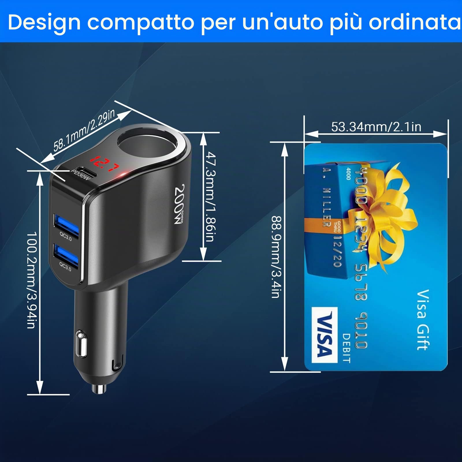 Prese Accendisigari Auto 200W: Qidoe PD 30W e QC3.0 Adattatore Sdoppiatore per Accendisigar Caricabatteria 12V con Voltmeter LED Ricarica Rapida Telefono, Cellulare, Samsung, Dashcam, GPS