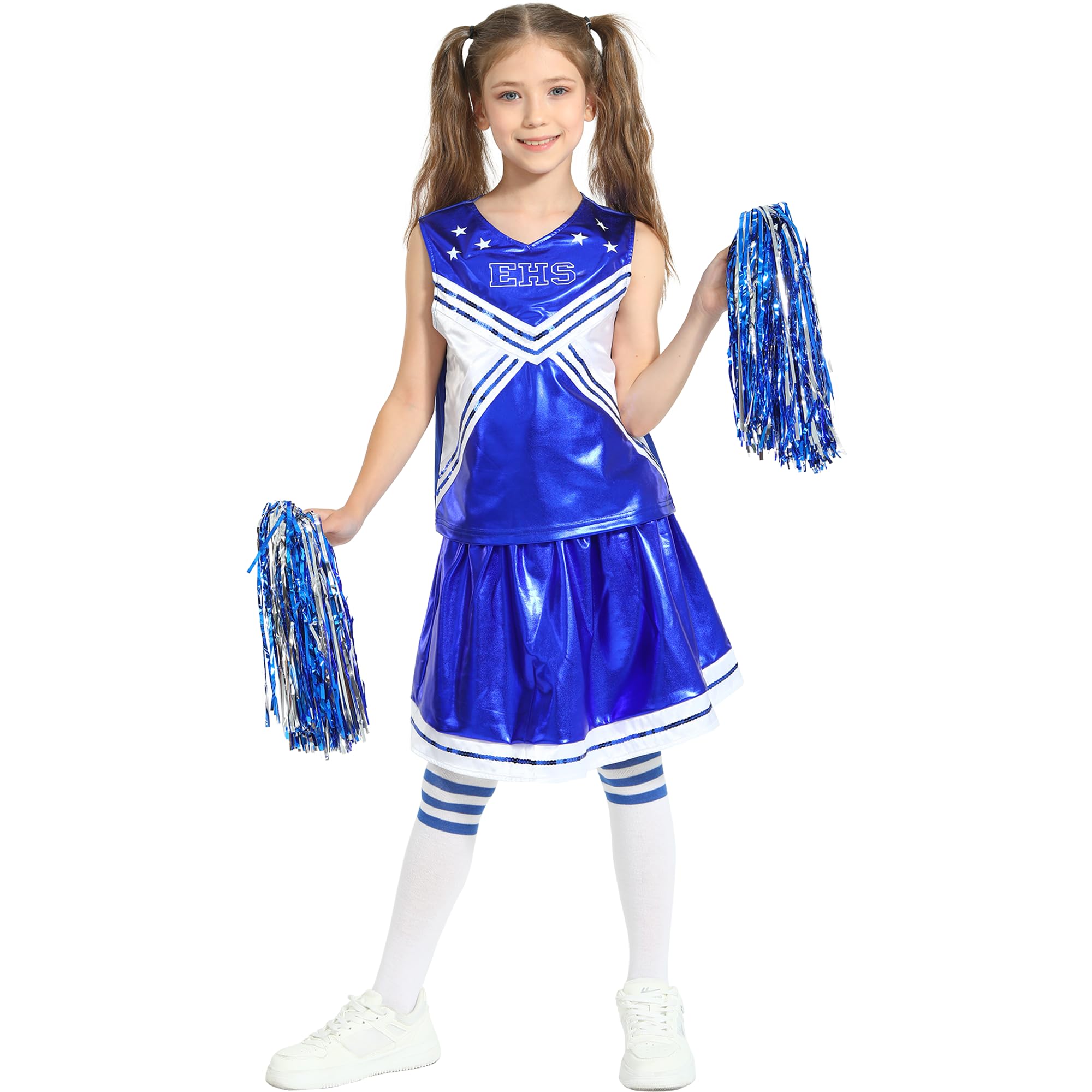 Wizland Girls Cheerleader Outfit with Pom Poms and Socks,Kids High School Musical Cheerleading Costume Fancy Dress for Halloween Carnival 6-8 yrs(Blue) — image 1