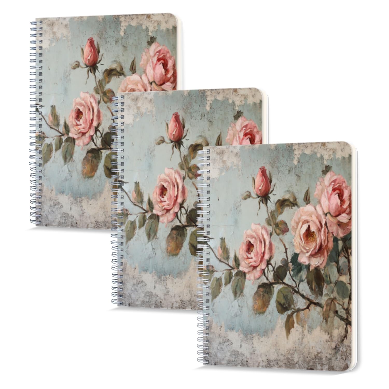Spiral Notebook 3Pack,A5 College Ruled Notebook Journals,8.26x 5.71 Inch for Study Work - Vintage French Poster of Pink Rose