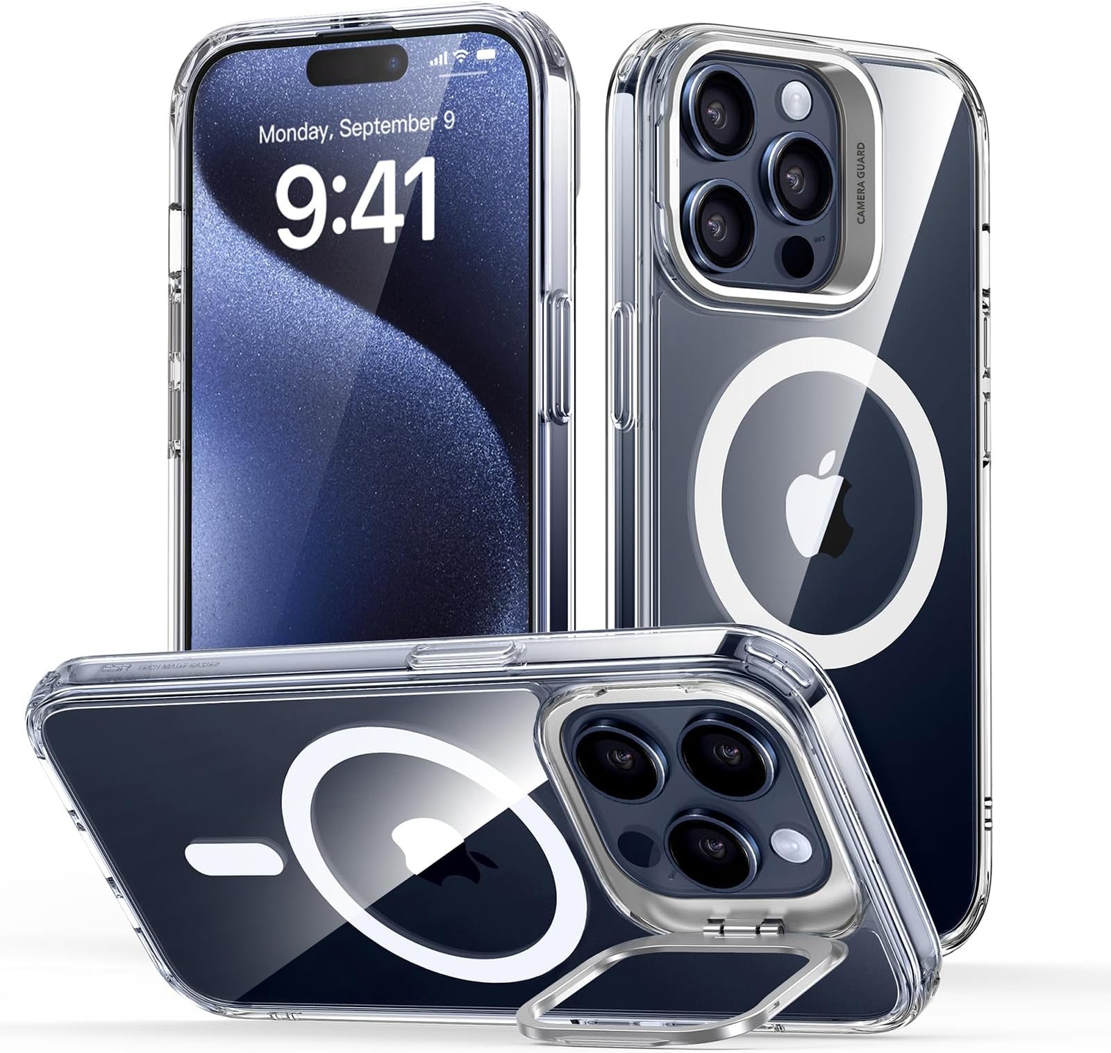 for iPhone 15 Pro Max Case Cover, Compatible with MagSafe, Built-in Stash Stand Phone Case, Military-Grade Protective Case, Scratch-Resistant Back Cover, Classic Series, Clear