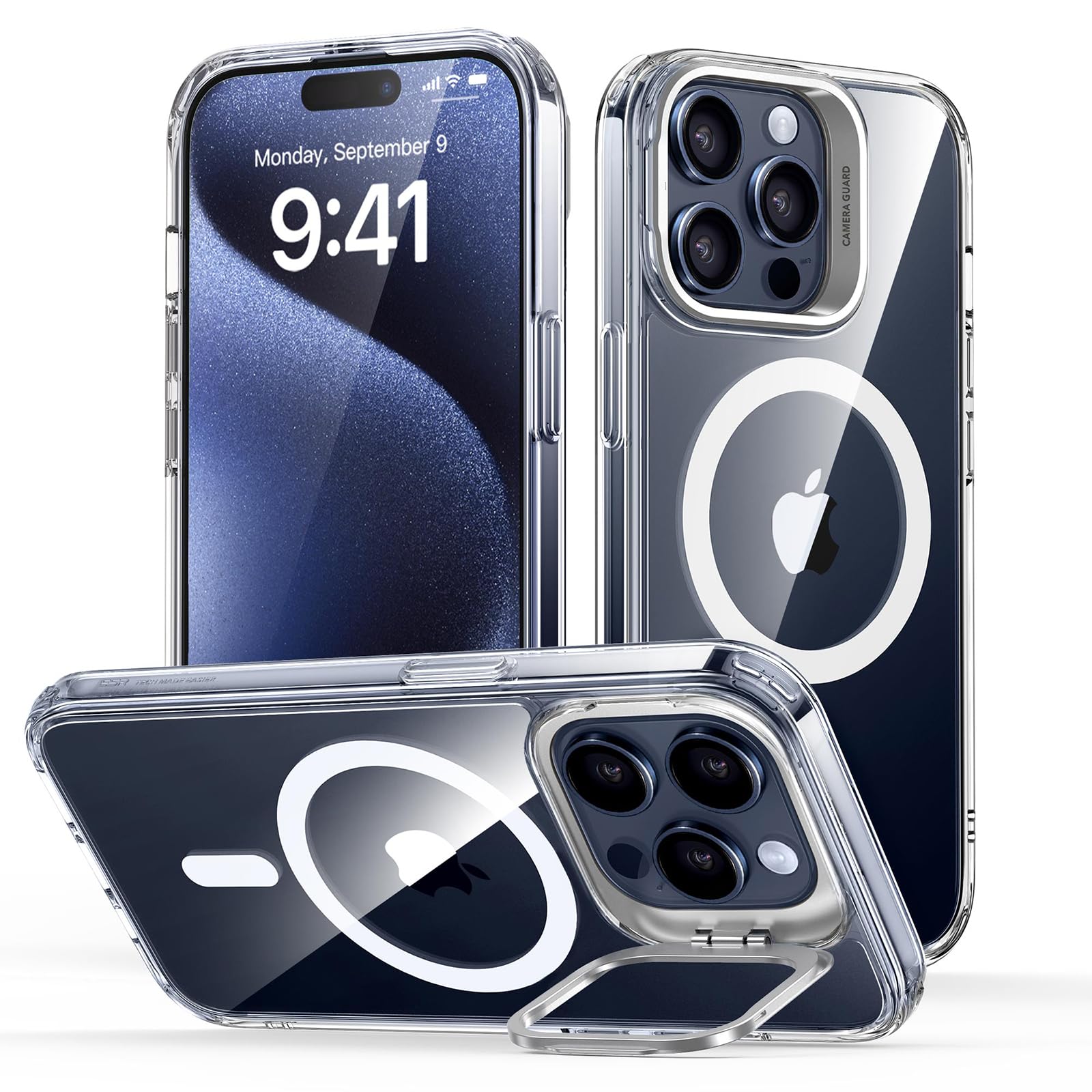 ESR für iPhone 15 Pro Max Hülle MagSafe Kompatibel, Zertifizierte Militärschutz Handyhülle iPhone 15 Pro Max Case, Integrierter Versteck Ständer Handy Case, Kratzfeste Rückseite Schutzhülle, Klar
