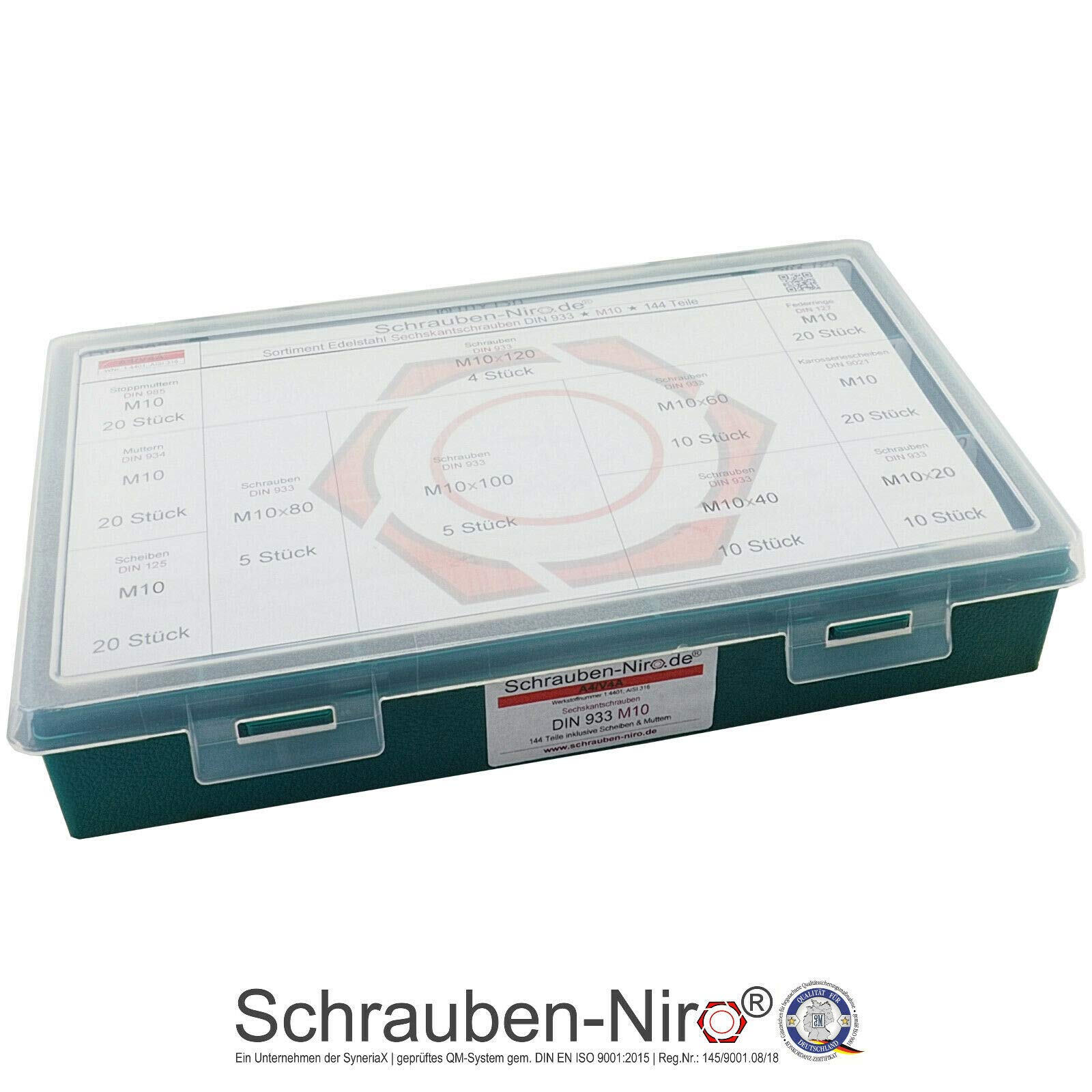 Sortiment M10 DIN 933 Edelstahl A4 (V4A) Sechskantschrauben mit Gewinde bis Kopf - Set bestehend aus Schrauben, Unterlegscheiben (DIN 125, 127, 9021) und Muttern (DIN 934, 985) - 144 Teile