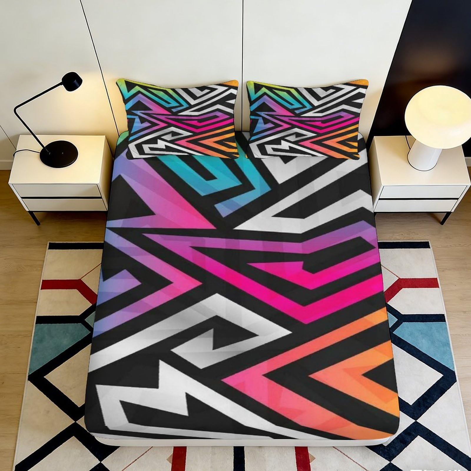3D Printed Geometric Rainbow Fitted Sheet Microfiber Soft Colorful Abstract Bed Cover for Bedroom Guest Room Decor 200x200x25cm