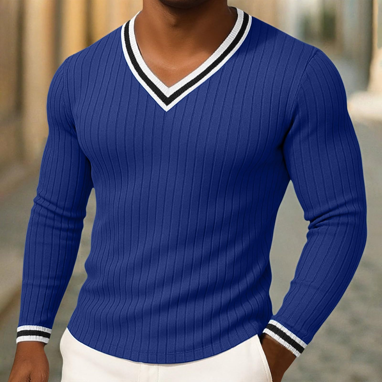 Generico Maglia Uomo Maniche Lunghe Scollatura a V in Tessuto Elastico, Modello Adatto per Allenamenti Sportivi E Look Casual Autunnali