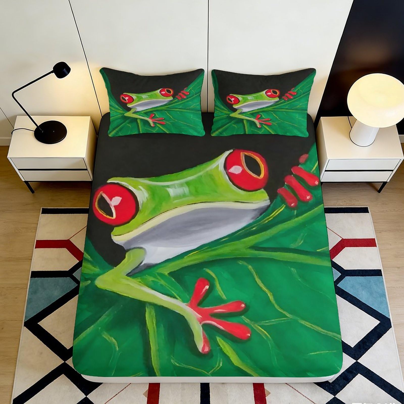 3D Printed Red Eyed Tree Frog Fitted Sheet Microfiber Soft Green Leaf Bed Cover for Bedroom Dorm Mattress Decor 90x200x25cm