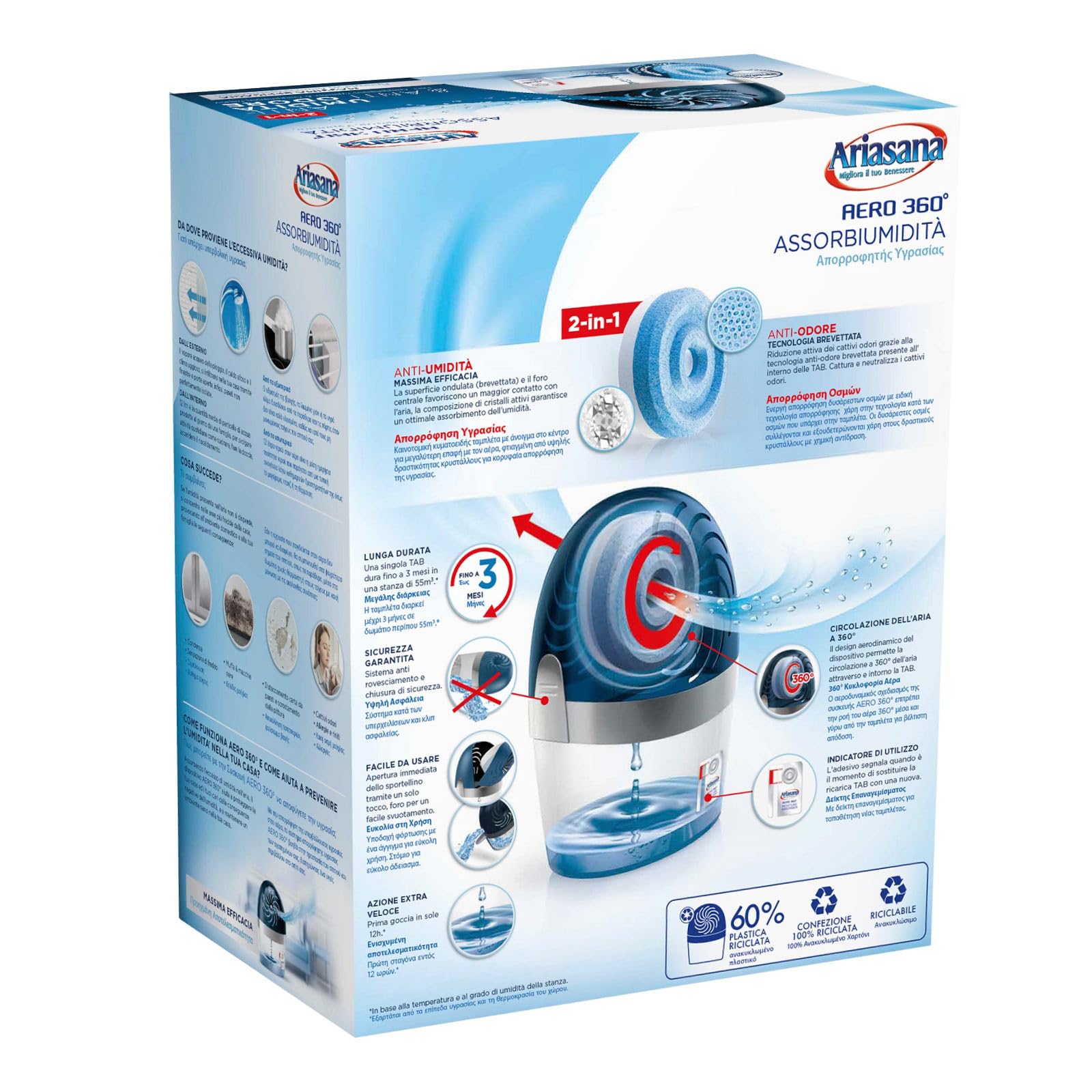 Ariasana Aero 360° Assorbiumidità Antiodore 2in1 Deumidificatore in Plastica Riciclata Non Elettrico Previene Condensa Muffa Cattivi Odori con Ricarica Tab da 450g - 2 Deumidificatori