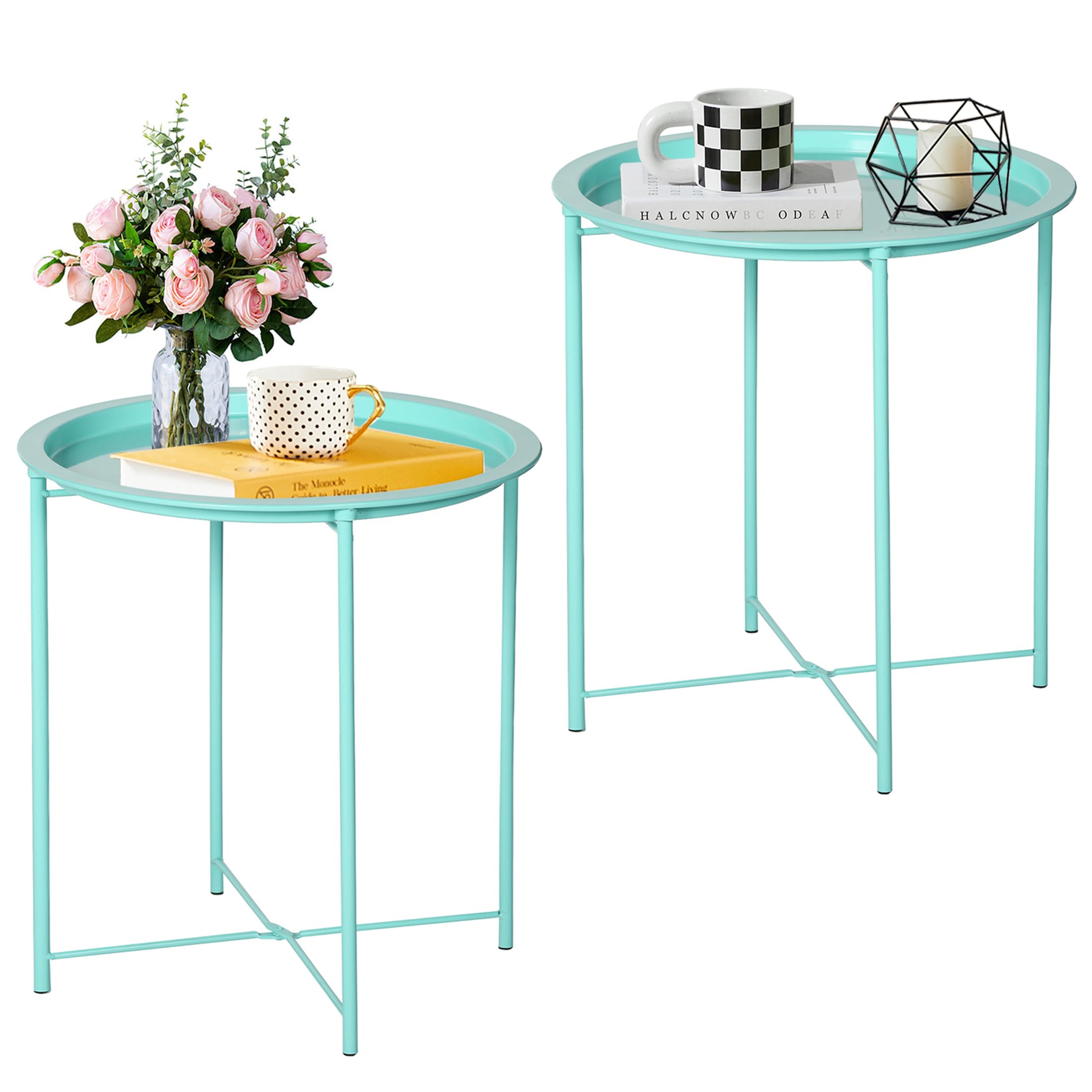 VECELO Side/End Table, Folding Round Metal Anti-Rust and Waterproof Outdoor or Indoor Tray for Living Room Bedroom Balcony and Office, 2 PCS, Green