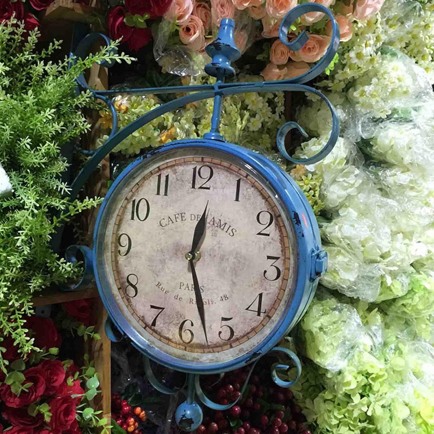 Retro Wrought Iron Double-Sided Wall Clock Blue Double Sided Station Clock Outdoor Garden Wall Clock 360° Rotation Waterproof Retro Wrought Iron Decorative Clock for Outsid