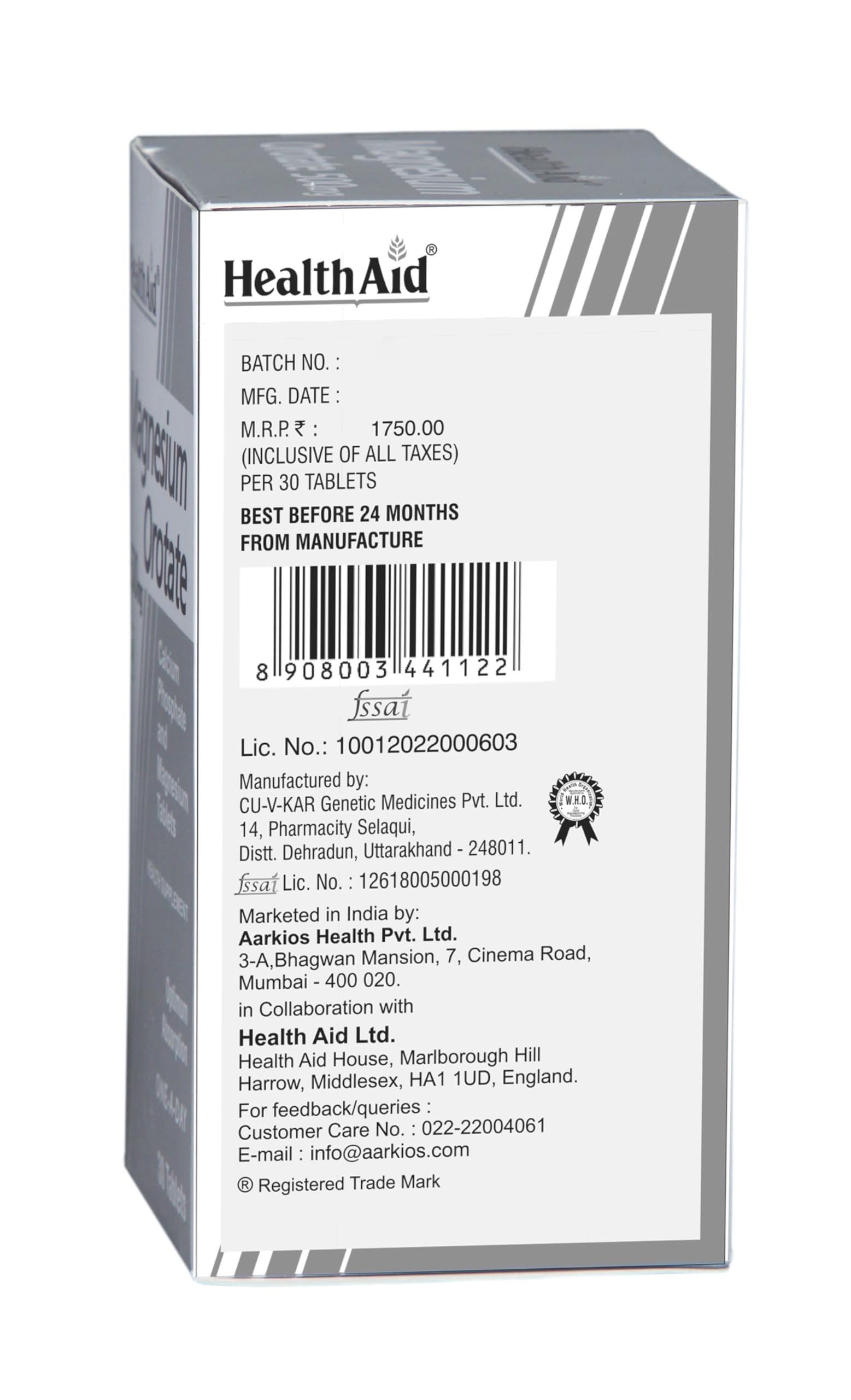 Health Aid Healthaid Magnesium Orotate - 30 Vegetarian Tablets|Superior Absorption Formula|Magnesium Supplement For Healthy Bones, Teeth, Nerve System |Yeast&Gluten Free 1
